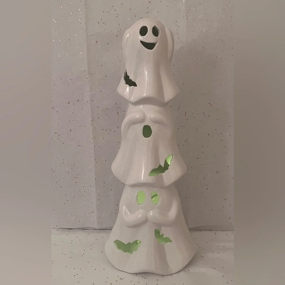 White Ceramic Ghost Light Up Statue.  “See no-Hear no-Speak no” pose Halloween.